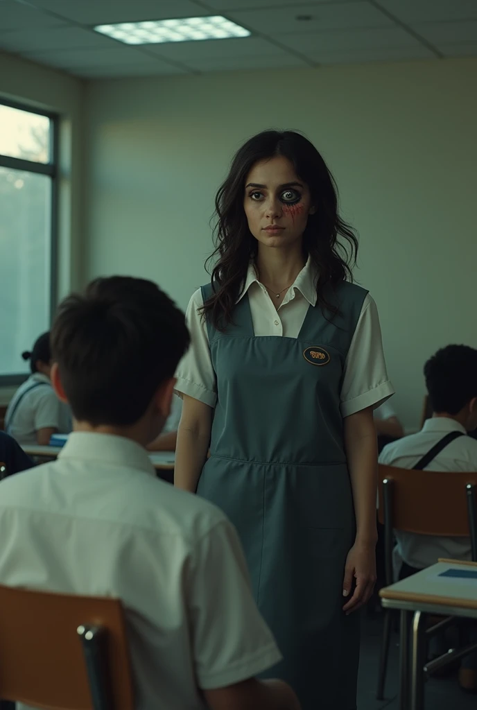 A woman with one eye, wearing a cleaner’s uniform, enters the boy’s classroom. She nervously asks about his grades.