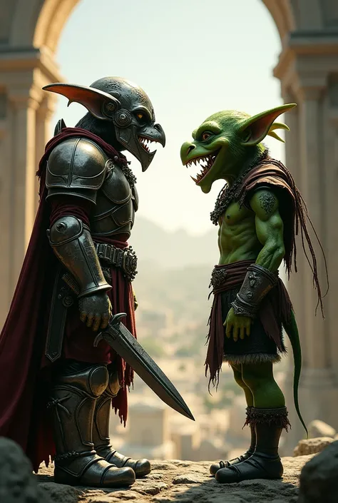 An MMORPG warrior talking to a green goblin