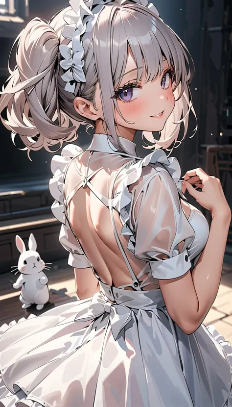 Perfect breasts、Accentuate your big butt、 （  dynamic composition seen directly from below :1.3）、 Gray Hair 、((masterpiece,   best quality,     最High image quality,  High image quality)),    young pretty girl   ,(( transparent maid clothes:1.3))).Her back v...