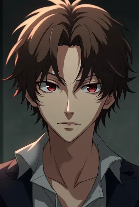 young man, with brown wavy shoulder-length hair , with dark circles, delgado y fuerte,  pale and reddish brown eyes in a more realistic anime 