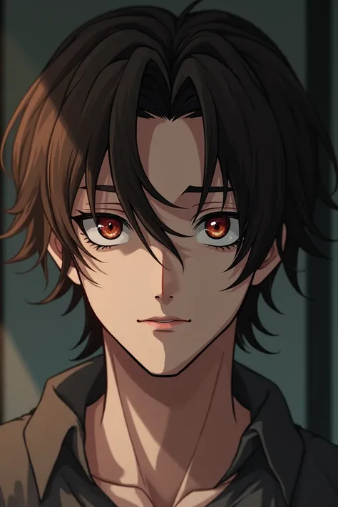 young man, with brown wavy shoulder-length hair , with dark circles, delgado y fuerte,  pale and reddish brown eyes in a more realistic anime 