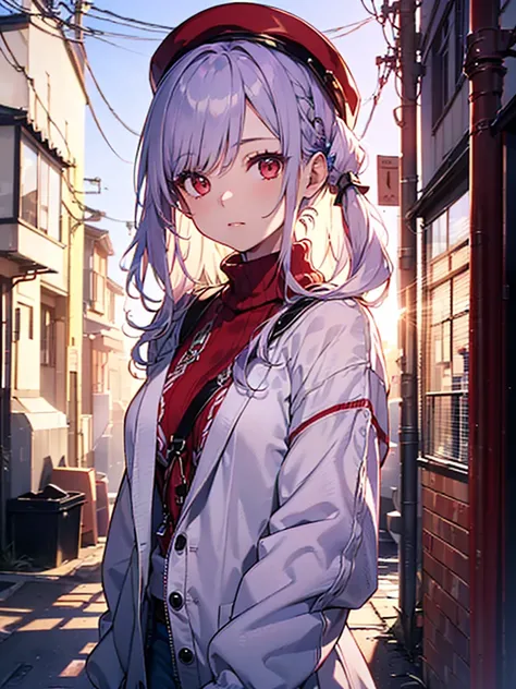 (Approaching:1.3), realistic , best quality,  super detailed, High-quality CG rendering,  THE MOST DELICATE AND BEAUTIFUL ,  high definition , ( 1 girl), ( best quality,4K,8k,masterpiece:1.2), ( light purple hair :1.5),(pretty long pigtails:1.5),( red eyes...