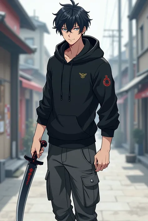 An anime male character age about 20 years black hairs silver eyes good fighter good physique a powerful character who fights with an enchanted knife in his hand good looking and smart a devilish charm strong aura wearing normal outfit like hoodie black ca...