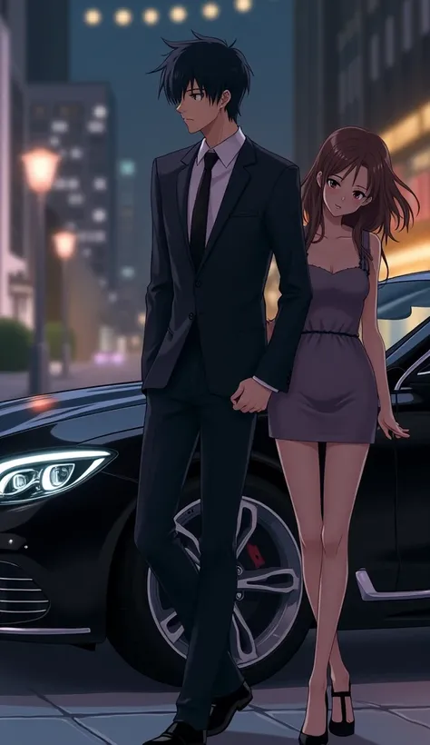 Anime Haruto, now a confident and successful man, stands in front of his sleek black luxury car parked outside a high-end venue. He’s dressed in a perfectly tailored dark suit, his posture tall and composed. A stylish young woman with an outstretched hand ...