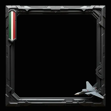 Create a square frame 1024 x 1024 ,  decorative frame inspired by the handle of a futuristic katana.,  black frame ,  in the lower right corner embossed a combat aircraft, gray plane , without leaving the , in the upper left corner create a triangle , with...