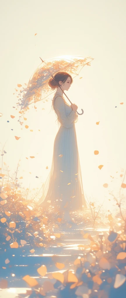 
1girl(holding umbrella(transparent,mass amount of petals decorate umbrella)), mass amount of petals filling in the air. petals cover ground. minimalism, simplism