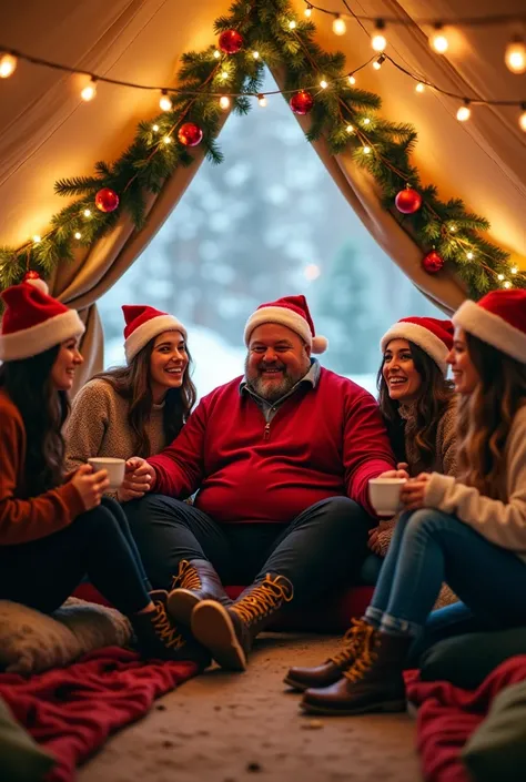 A unfit chubby man, tall with normal dark hair head, pale skin, and a warm smile sits comfortably inside a spacious, festive tent, surrounded by five stunning 23-year-old women. The group is seated together on cozy blankets and cushions, laughing and looki...