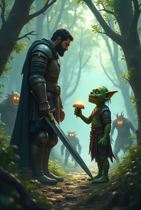 An MMORPG warrior talking to a green goblin, and exchanging items in the middle of a forest full of monsters