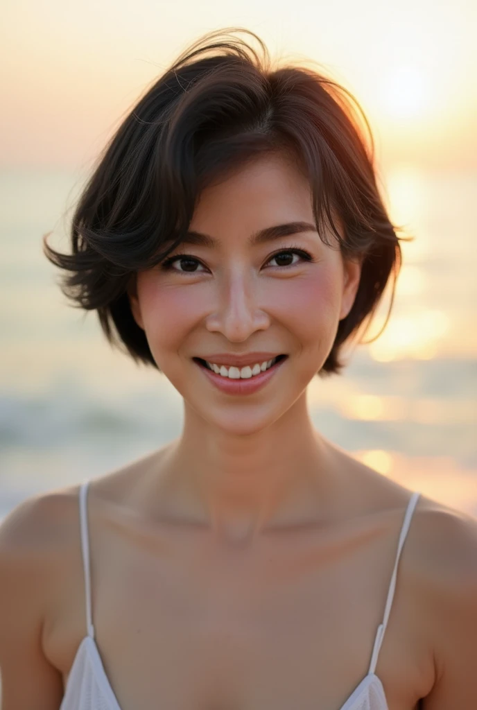 high resolution photograph of a Japanese mature woman, real-life, realistic, photo-realistic, masterpiece, best quality, amazing quality, extremely detailed, intricate details, sharp details, sharp focus, 1girl, smile, fair skin, detailed face, detailed ey...