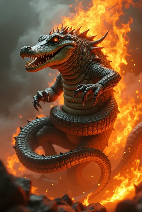 alligator and snake mixup in fire  image genrate