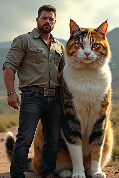 a burly band man wearing a shirt ,  black jeans walks next to a giant calico cat and faces directly into the camera