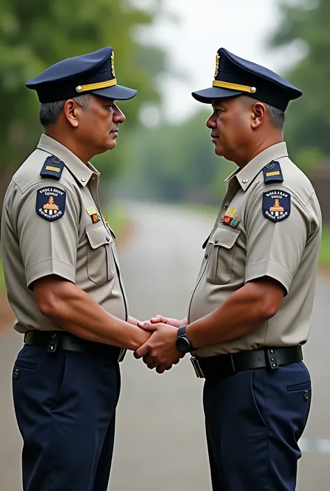 There are two male barangay guards who have reached an agreement and are holding hands Their faces looking forward of camera