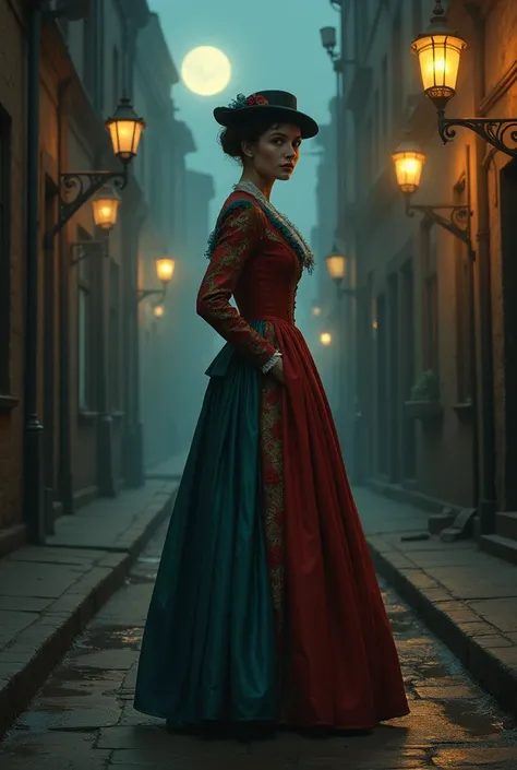 Noble ladies fashion full body in Victorian Era dress red, blue, green a conservative full body pose of a 1910 woman wearing a small hat and business attire and a long skirt , standing in a dark alleyway with gas lighting, a full moon in the background, be...