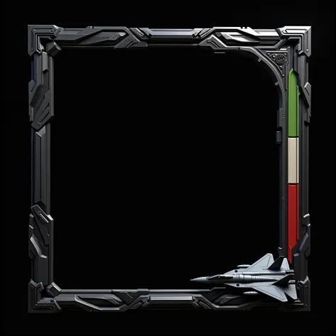 Create a square frame 1024 x 1024 ,  decorative frame inspired by the handle of a futuristic katana.,  black frame ,  in the lower right corner embossed a combat aircraft, gray plane , without leaving the , in the upper left corner create a triangle , with...