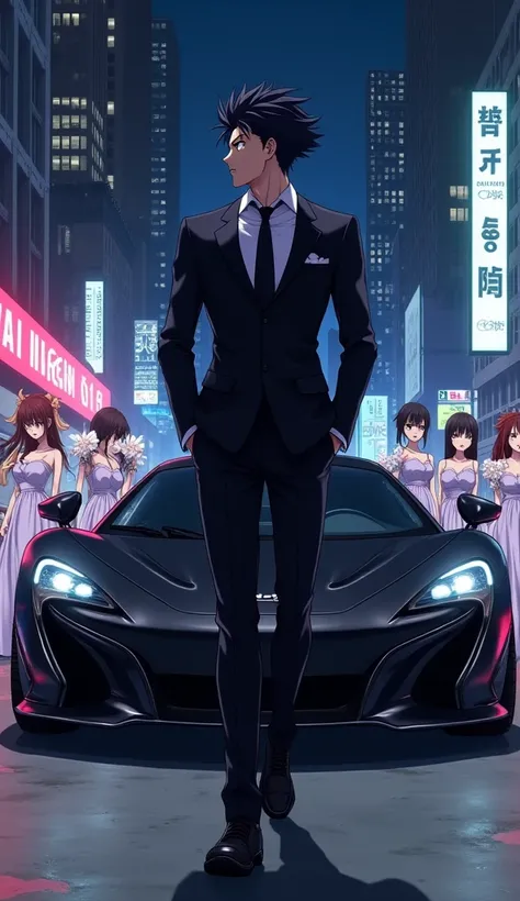 Anime Haruto, now a symbol of discipline and success, stands confidently in front of a luxurious black sports car. He’s dressed impeccably in a crisp black suit, his expression calm and unreadable. A group of girls in a full dress (mean girls wear full dre...