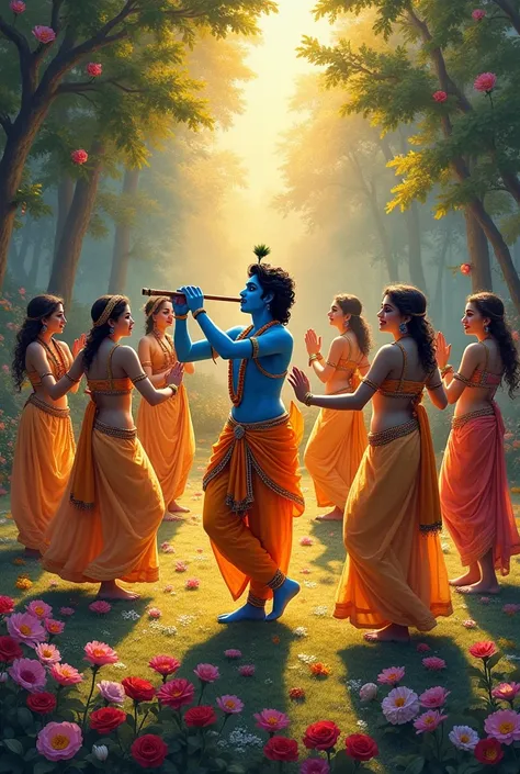 Lord Krishna is performing Raasa with his Gopis in a flower garden, with each Gopi having one Krishna, in the middle of the circle Krishna is playing the flute as the sun is setting.