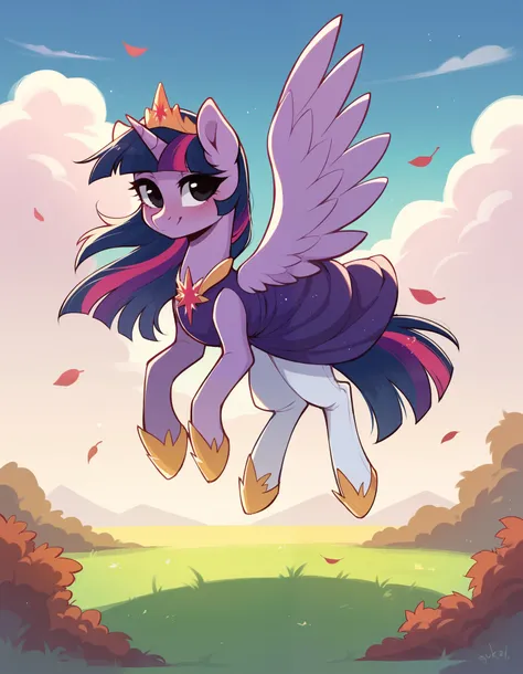 score_9, score_8_up, score_7_up, solo, 1girl, solo,
stkyswt, flat color, sketch, black eyes, twilight princess, pony, looking at viewer, blush, light smile, unicorn horn, pegasus wings, princess dress, purple dress, white pantyhose, gold footwear, hooves...
