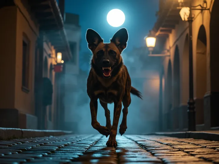 "Paint for me an image of an African wild dog running straight towards the camera down a cobblestone street at night. The scene is lit by bright, cinematic street lamps, with a bright full moon in the background. The atmosphere is magical and surreal, with...