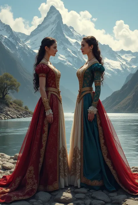 Portuguess Hot White strong women  standing beside river and snowy mountains old royal historical princesses look standing straight 