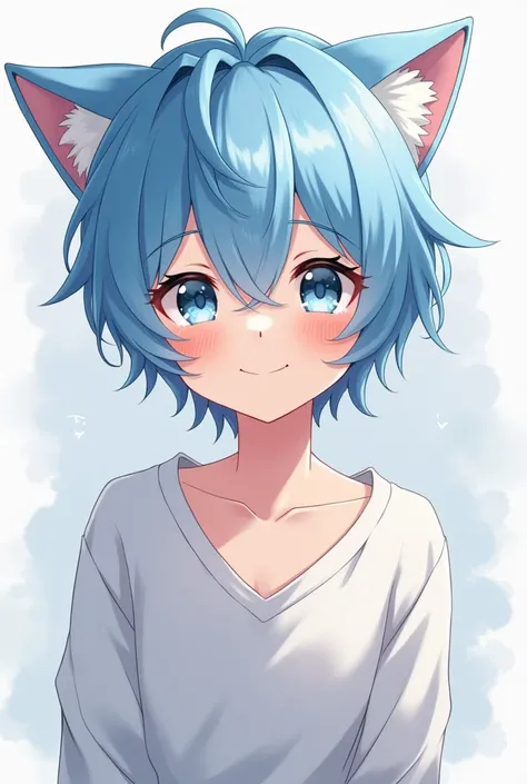 Anime male character with cute blue hair cat ears seen whole