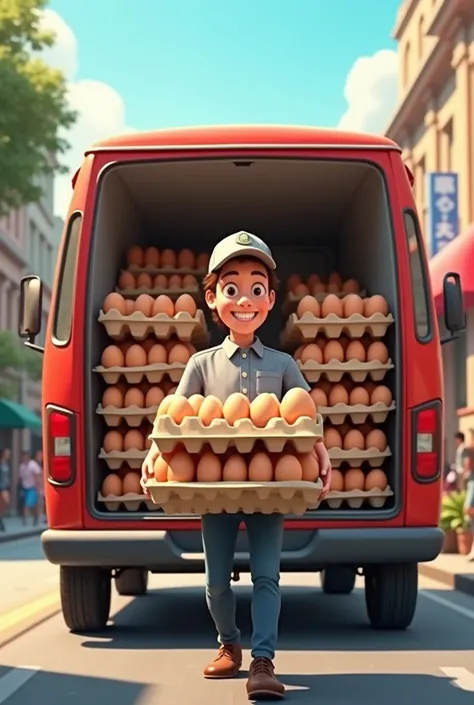 Van full of egg cartons and a happy delivery man delivering them
