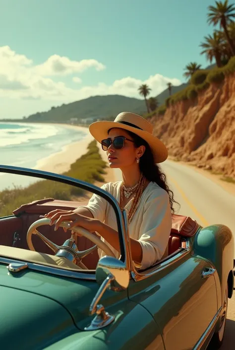 Nora fateh driving her vintage car crossing beach driving on road