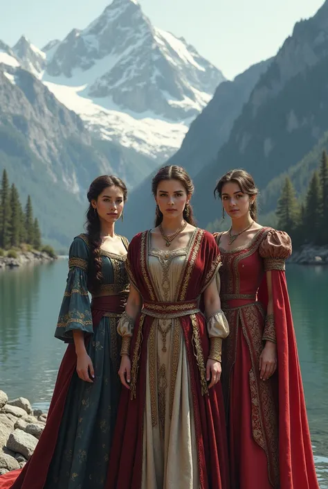 Portuguess Hot White strong hot women  standing beside river and snowy mountains old royal historical princesses look standing straight 