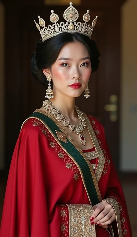 The beautiful 22-year-old queen。whole body. Sexy boob,、Wearing the royal traditional crown, a jewelry ,royal queen of malaysia, kulit putih