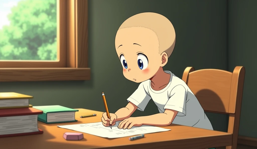 Studio Ghibli art style, a young boy around  with a cleanly shaved head sitting at a wooden desk, viewed from a slight side angle. The boy is wearing a simple white t-shirt and shorts, leaning forward slightly with concentration as he works on his homework...