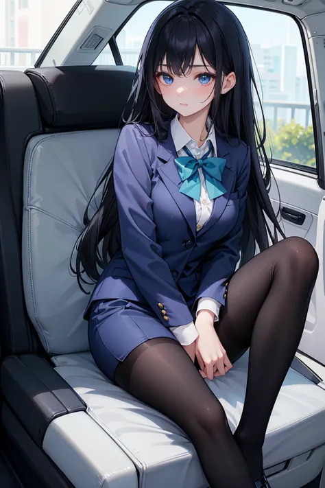 high school student ， Has long, dark hair ， with warm blue eyes ， Wore a fresh blue suit and black heels ， pure white collar and bright green bow 。 has long dark hair and warm blue eyes ， sitting in a car seat ， spread legs