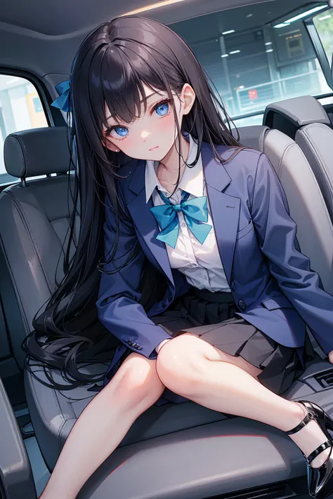 high school student ， Has long, dark hair ， with warm blue eyes ， Wore a fresh blue suit and black heels ， pure white collar and bright green bow 。 has long dark hair and warm blue eyes ， sitting in a car seat ， spread legs