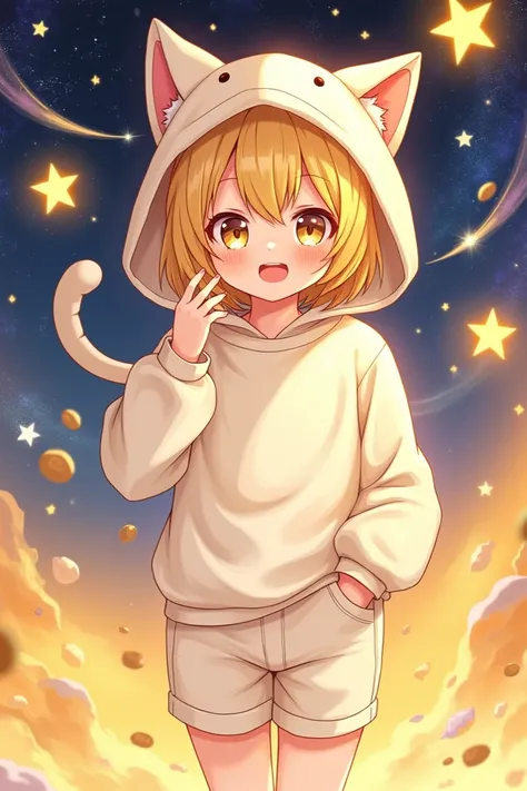 Create a blond anime boy wearing a hat with cat ears, medium-length hair, a white sweatshirt and shorts as gold as his hair, with galaxies, planets, stars and comets in the background and that everything has a golden glow. 