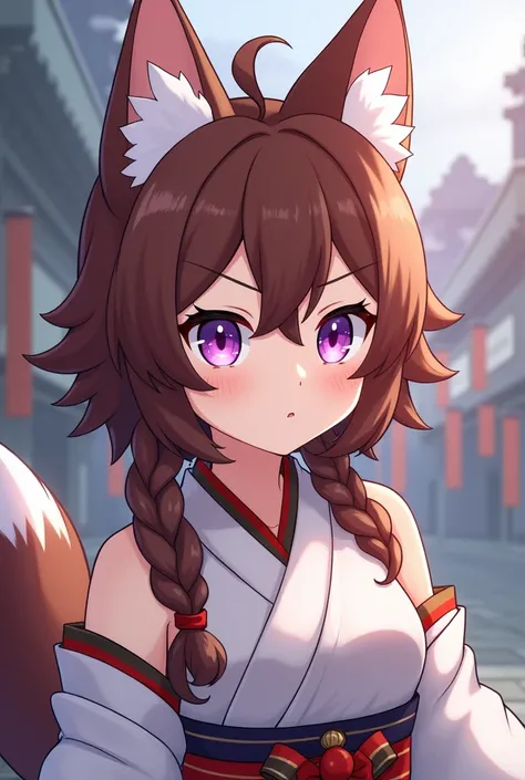  brown-haired girl , ,  with white tufts , with canine ears ,  with Inazumas clothing style,  purple eyes, Gorous sister ,  in the style of Genshin Impact  