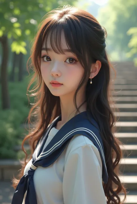 
(8k、 RAW photo、 best quality、  Masterpiece :1.2)、(Genuine、 realistic :1.4)、 one girl、Japanese、Age 18、woman、 natural light、 photon mapping 、 radiosity、Her hair is long、Its light brown 、 Her bangs hang lightly on her forehead  、 Her hair is delicately curle...