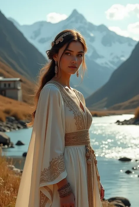 turkish Hot White strong hot beautiful girl standing beside river and snowy mountains old royal historical princes