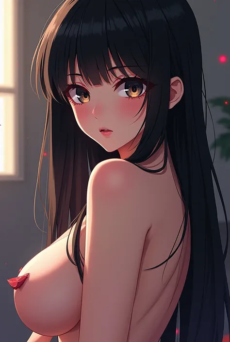 Anime girl, black hair, sexy pose, no clothes