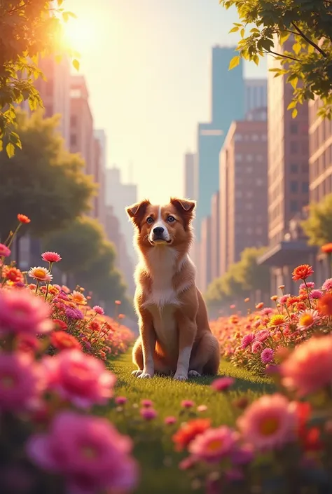 Realistic flowery background, with sunlight , streets and bright building ,  with a seated dog looking forward 