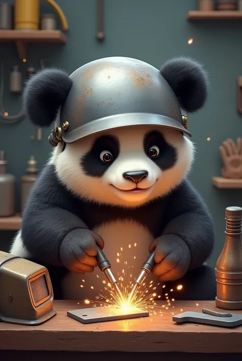 Picture a cute panda wearing a welding helmet, with sparks flying around. The panda could be holding a welding torch, perhaps welding a piece of metal, and the environment could include tools like a welding mask and gloves. The panda could have a focused e...