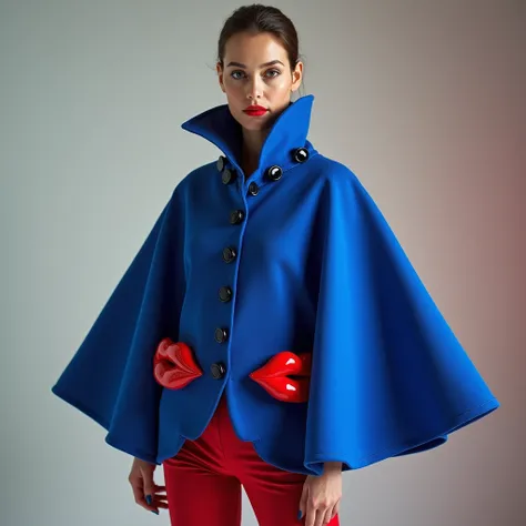 "Create a high-fashion image of a model wearing a bold blue cape with black buttons, a scalloped collar, and red lip-shaped pockets. She pairs it with red tights and glossy red heels, standing confidently in a minimalist studio setting. The lighting highli...