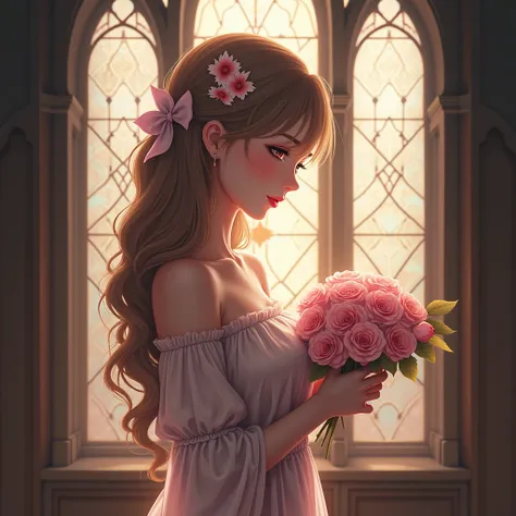 the girl is holding her pink bouquet in front of a stained window, gothic art, dollfie dream, anime barbie doll, realistic - anime, ”beautiful anime woman