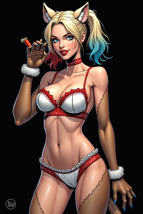 Harley Quinn is being transformed into a female hyena, transformation:1.2, 30 years old, full body, athletic body, in comic book panel, full body, bold lineart illustration comic, seductive blue eyes, parted lips, perfect body, blonde hair, twintails, nsfw...