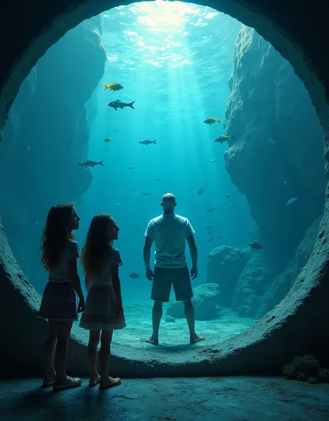 Hyperrealistic photo Digital art high definition quality 4K 8K At the bottom of the sea, In an oceanographic museum through the windows , deux petites filles regardent avec stupéfaction leur papa qui crie pour sortir de laquarium