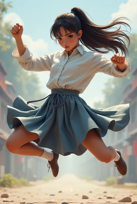 (Chun Lis flying kick from the Street Fighter character), (Indonesian high school uniform: white long-sleeve, blue grey loose thigh short skirt), a  teenage girl, wearing an Indonesian high school uniform, does a Chun Lie style flying kick