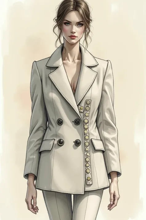 Create a fashionable sketch of a blazer ,  that, around the front of the double of the blazer, has buttons all around the edge, slightly large buttons around the outline. 