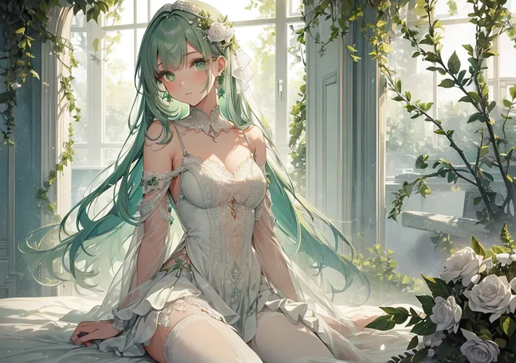 A poised and elegant girl inspired by a star of the silver screen, with mint-green hair and soft green eyes. Her outfit features delicate lacework and floral embroidery, while her rose accessories add a romantic touch to her appearance