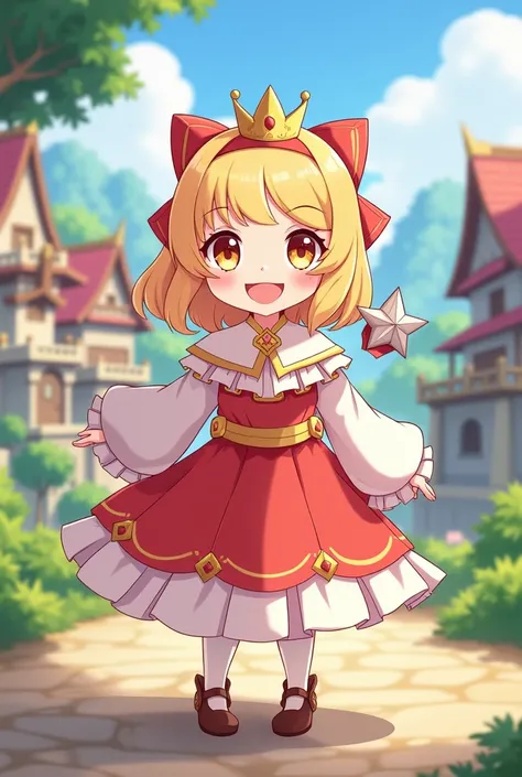 Gambar little princess dari game guardian tales, background heaveanhold and smiling at the camera , while saying  "Welcome,My GuardianAnime, Anime style, 