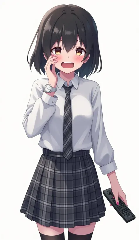 Teenage woman with black and short hair and with white anime watch and pink nails with schoolboy long-sleeved white shirt and plaid tie in dark gray and white and plaid pleated skirt in combination of dark gray and white colors, following a uniform pattern...