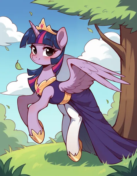 score_9, score_8_up, score_7_up,   solo, 1girl, solo,
stkyswt, flat color, sketch, black eyes, twilight princess, pony, looking at viewer, blush, light smile, unicorn horn, pegasus wings, princess dress, purple dress, white pantyhose, gold footwear, hooves...