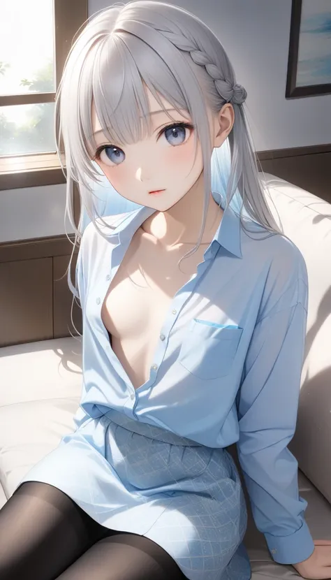  1 cute  girl ,Young Face、 slim figure、Thin legs、８Head to Body、((Beautiful light gray hair ))、( light blue inner color )、( long hair with cute hairstyle )、((A long-sleeved student shirt that is worn loosely with a slightly open chest))、( A bra that can be ...