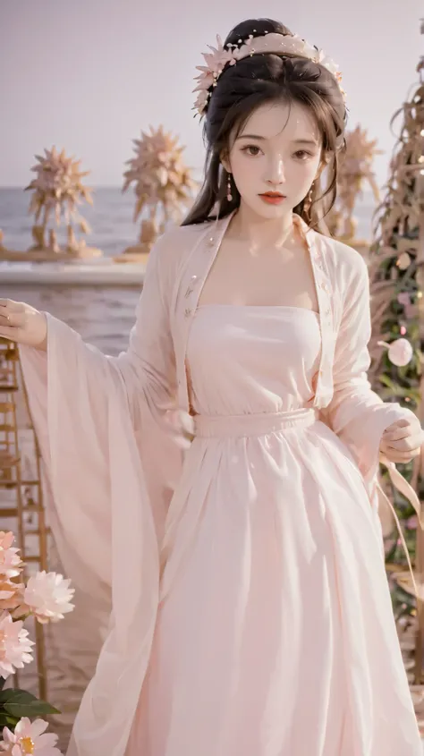 masterpiece,  Best quality, seaside, banquet,  1 mature woman, Elegant, China人, China,  happy , Ball head ,  light brown hair ,  pink eyes, Gorgeous headdress,  light pink lips, Pink clothes, Yarn Clothing, Intellectuals, Full bangs, Straight bangs, Flower...